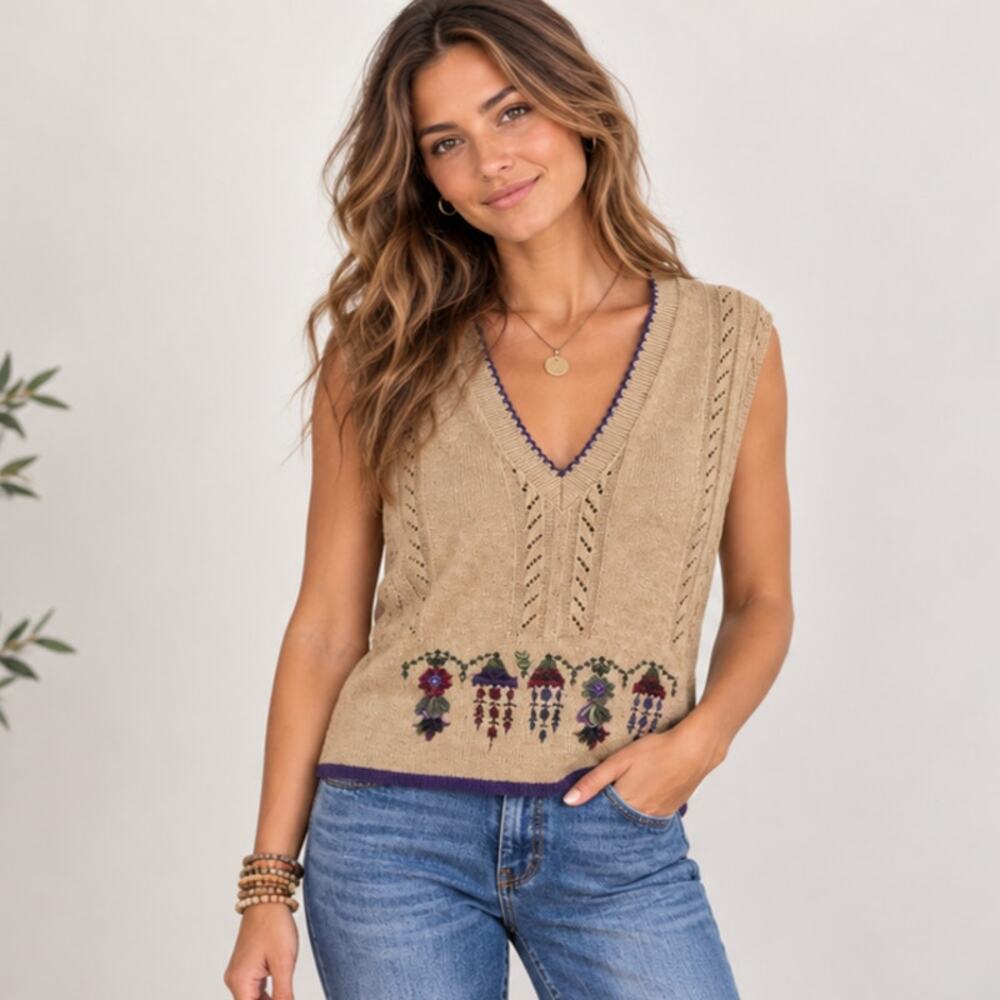 Leslie Fay Sweater Vest Women's Size 16 Vintage USA Embroidered Floral Tan Retro